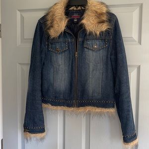 Faded Glory fur collared, fur cuff, fur waisted jean jacket